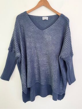 AQRL Made in Italy Waffle Knit Metallic Oversized Relaxed Fit Sweater Blue OS